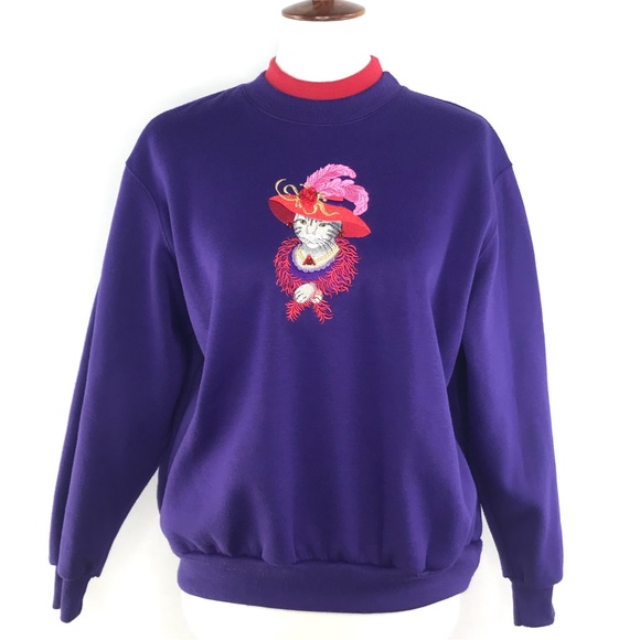 BonWorth Vintage Purple Embroidered Red Hat Cat Oversized Sweatshirt - Picture 1 of 12